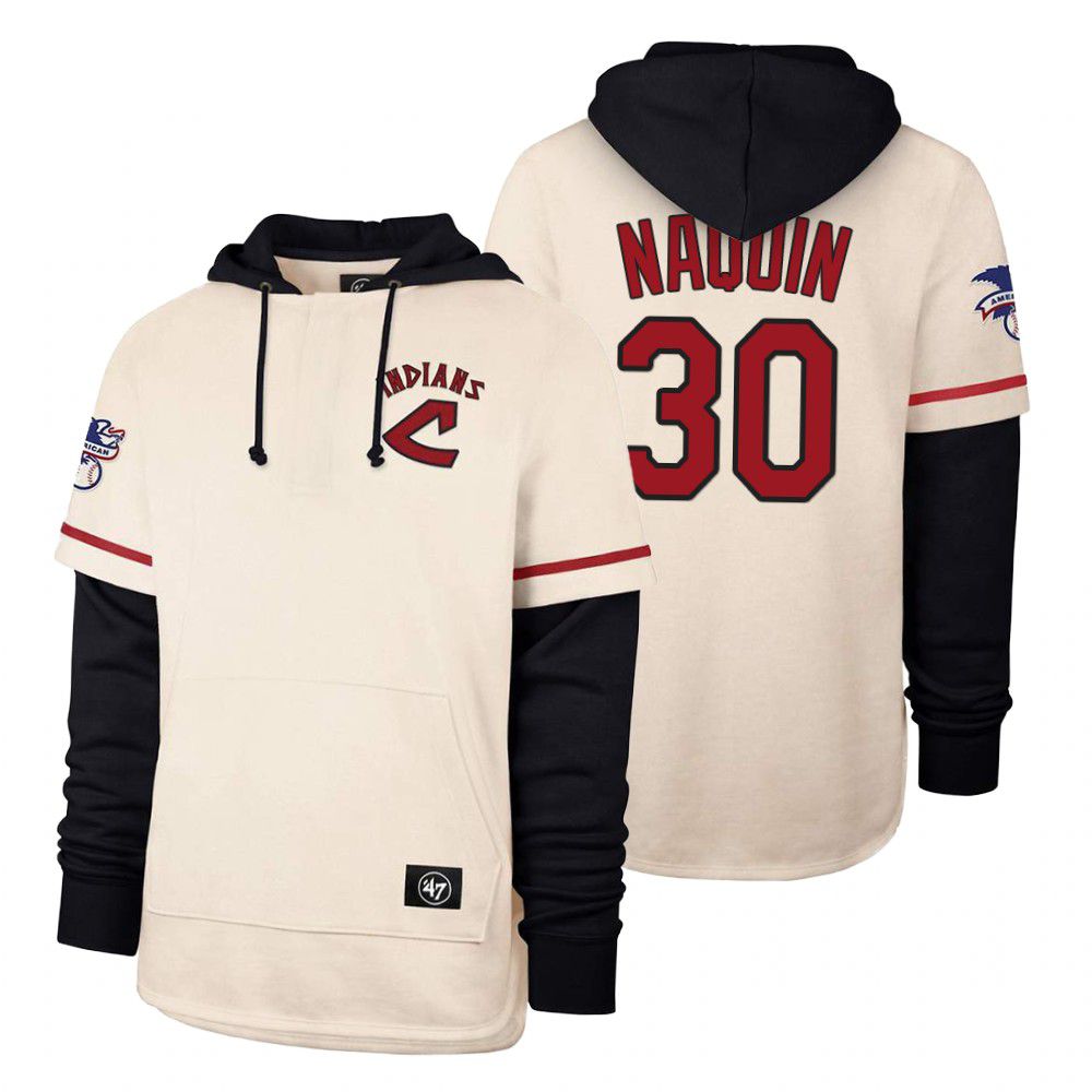 Men Cleveland Indians #30 Naquin Cream 2021 Pullover Hoodie MLB Jersey
